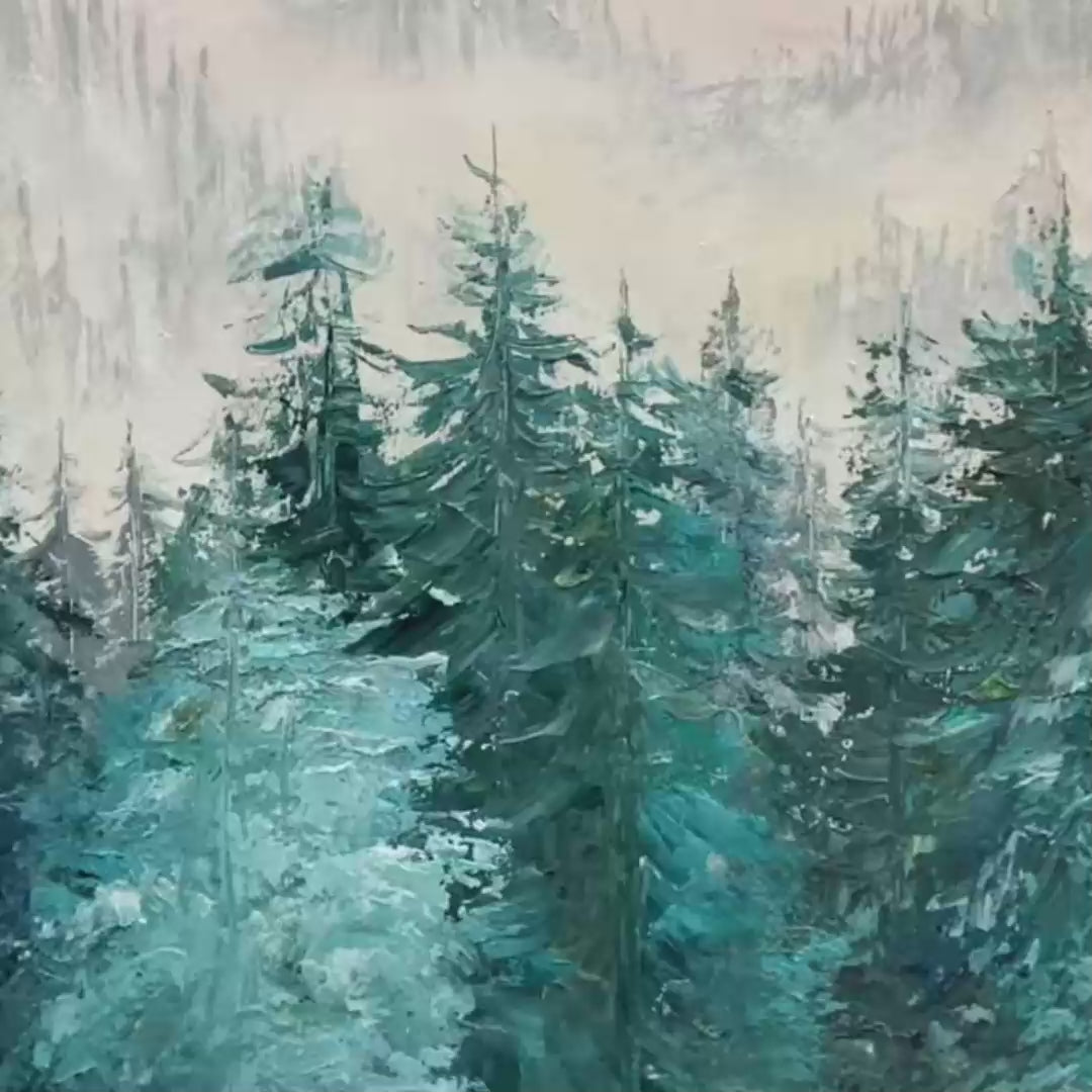 MISTY PINES: Panoramic Forest Landscape Painting, Misty Trees, Green - Image 3