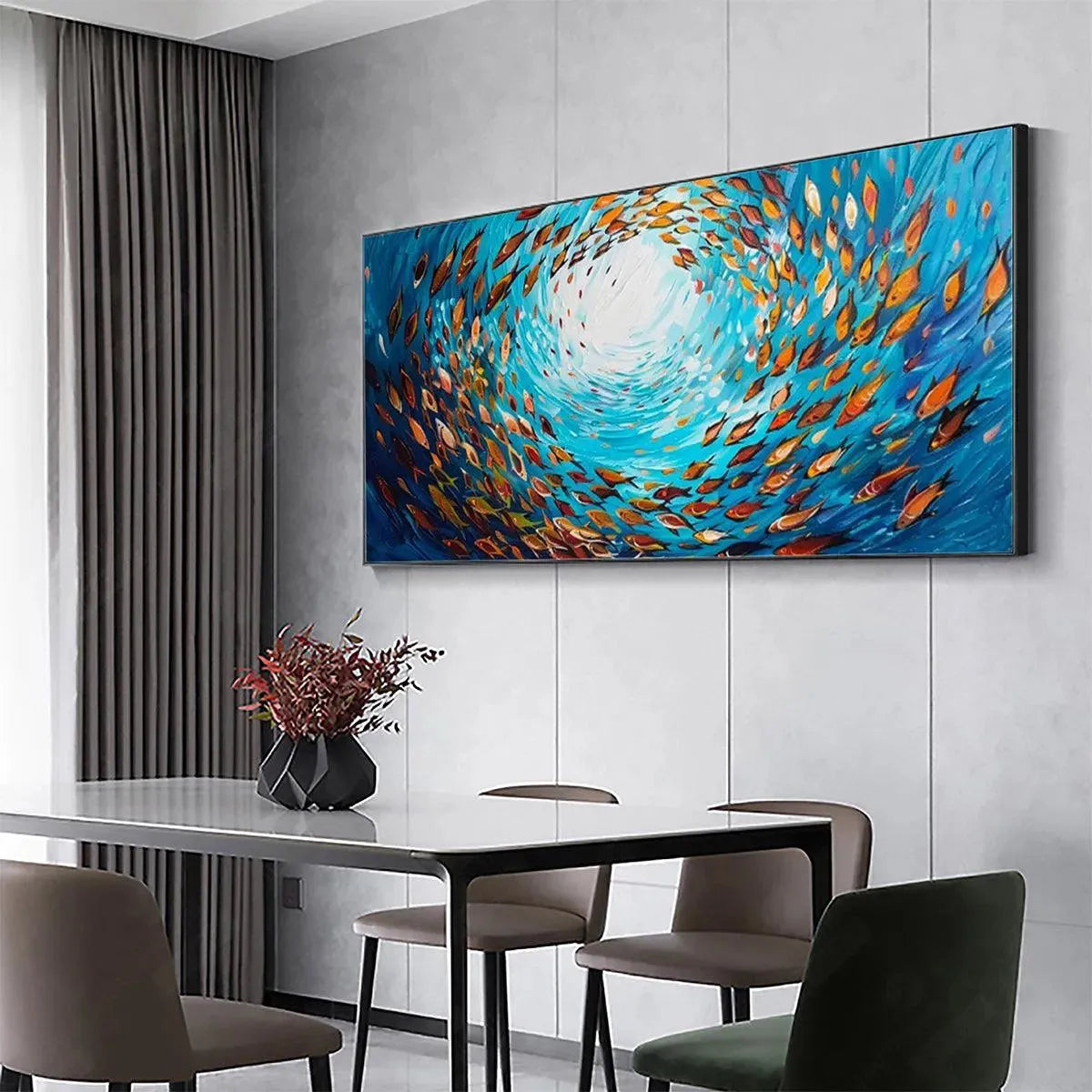 OCEANIC WHIRL: Dynamic School of Fish Painting, Horizontal Wall Art - Image 2
