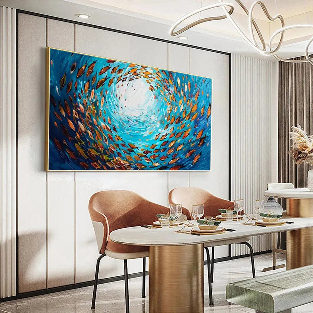 OCEANIC WHIRL: Dynamic School of Fish Painting, Horizontal Wall Art - Image 4