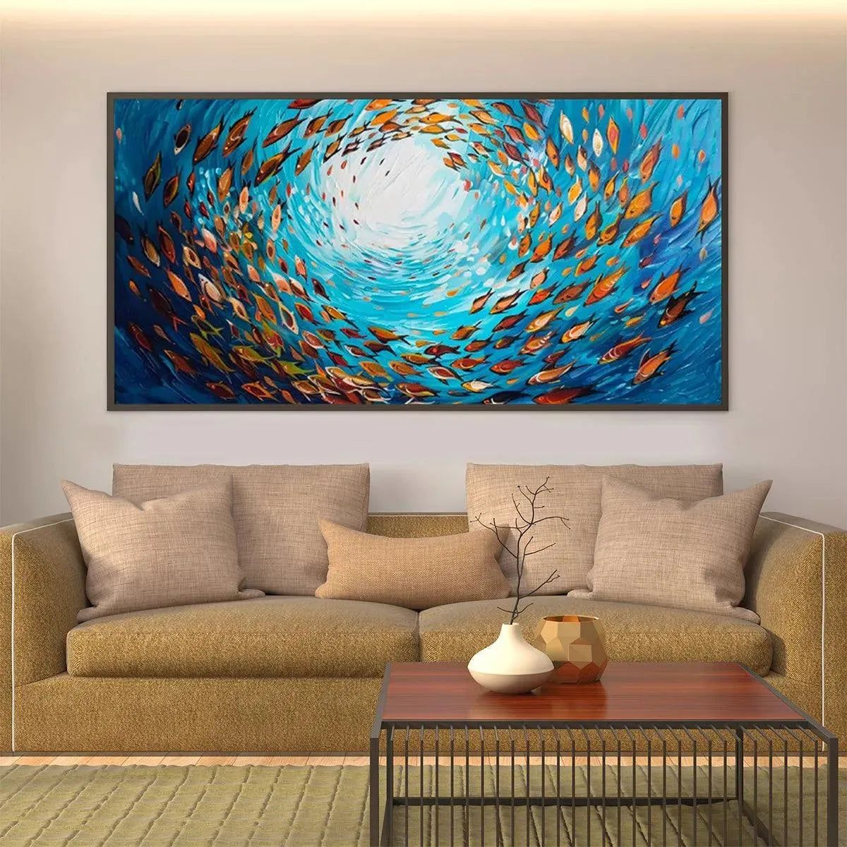 OCEANIC WHIRL: Dynamic School of Fish Painting, Horizontal Wall Art - Image 5