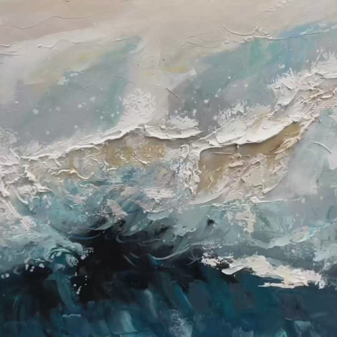FROZEN MOTION: Textured Abstract Waterscape Painting in Teal and White - Image 3