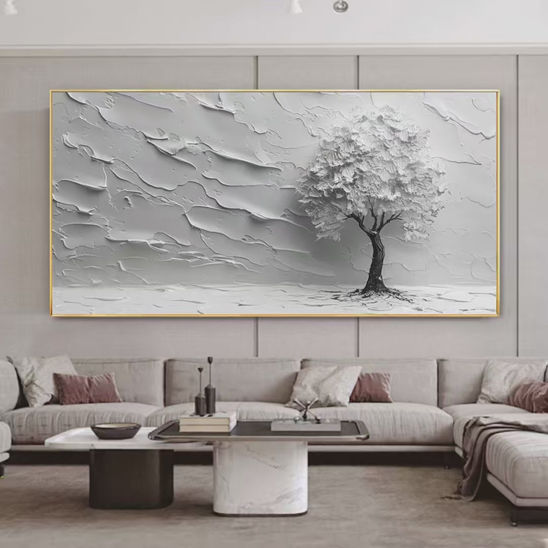 SERENE TREE: Textured 3D Tree Painting, White Impasto Wall Art, Panoramic Canvas, Minimalist Decor - Image 2