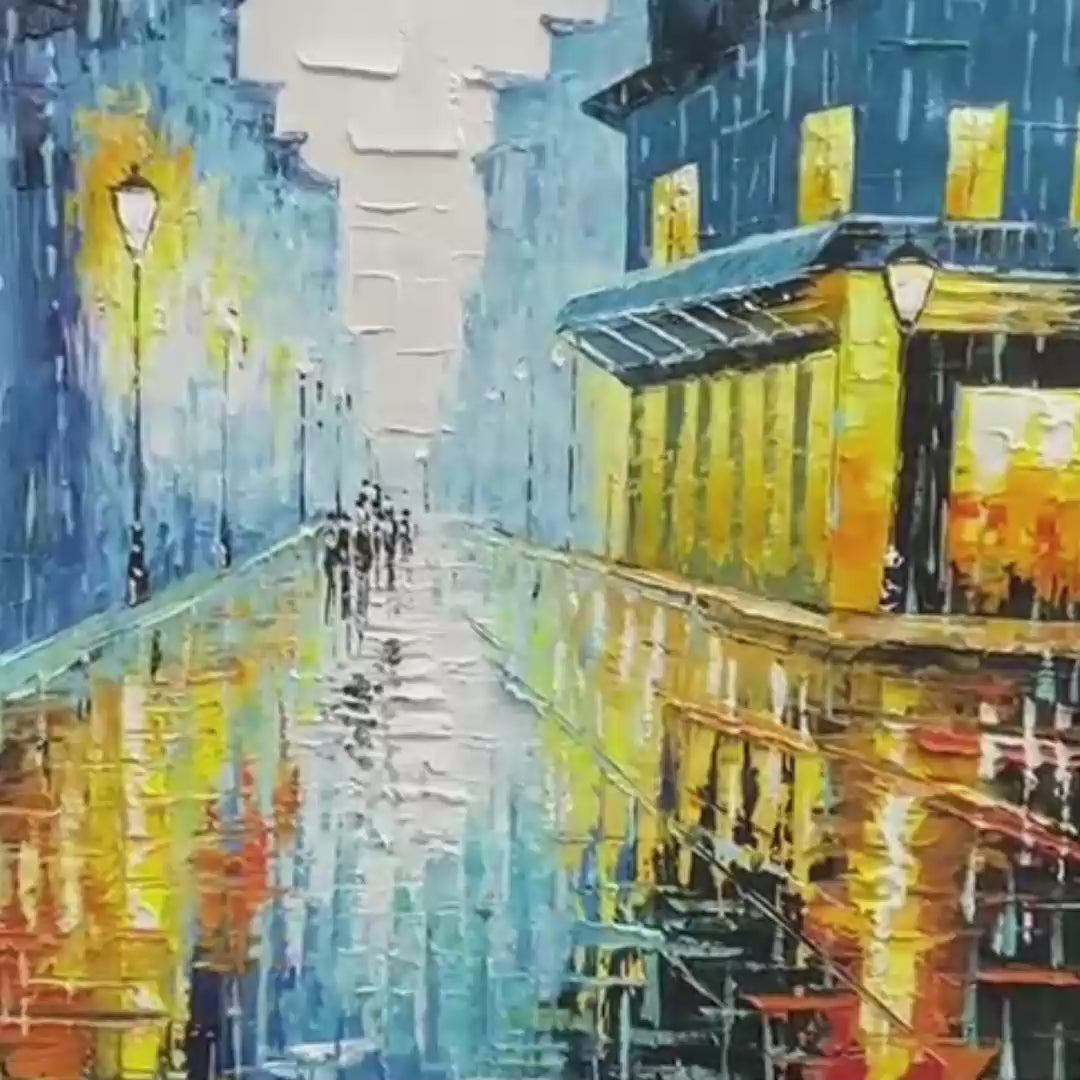 RAINY NIGHT IN PARIS: Textured Cityscape Painting, Rainy Street Scene, Blue, Living Room, Dining Room, Office - Image 3