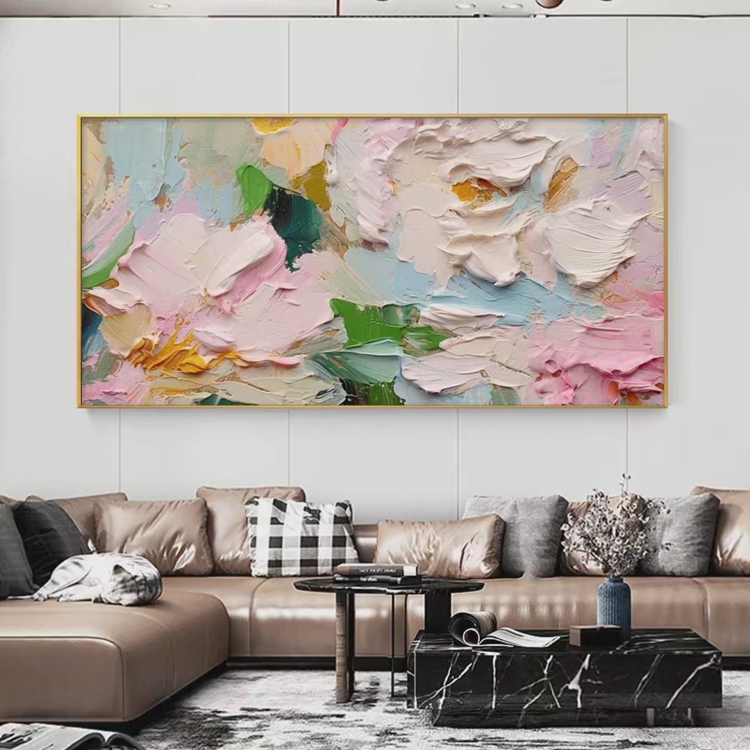 SPRING BOUQUET: Textured Floral Painting, Pastel Wall Art, Panoramic Canvas, Impasto Decor - Image 2