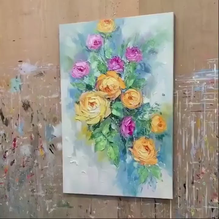 GOLDEN HOUR ROSES: Vertical Textured Floral Oil Painting on Canvas - Image 4