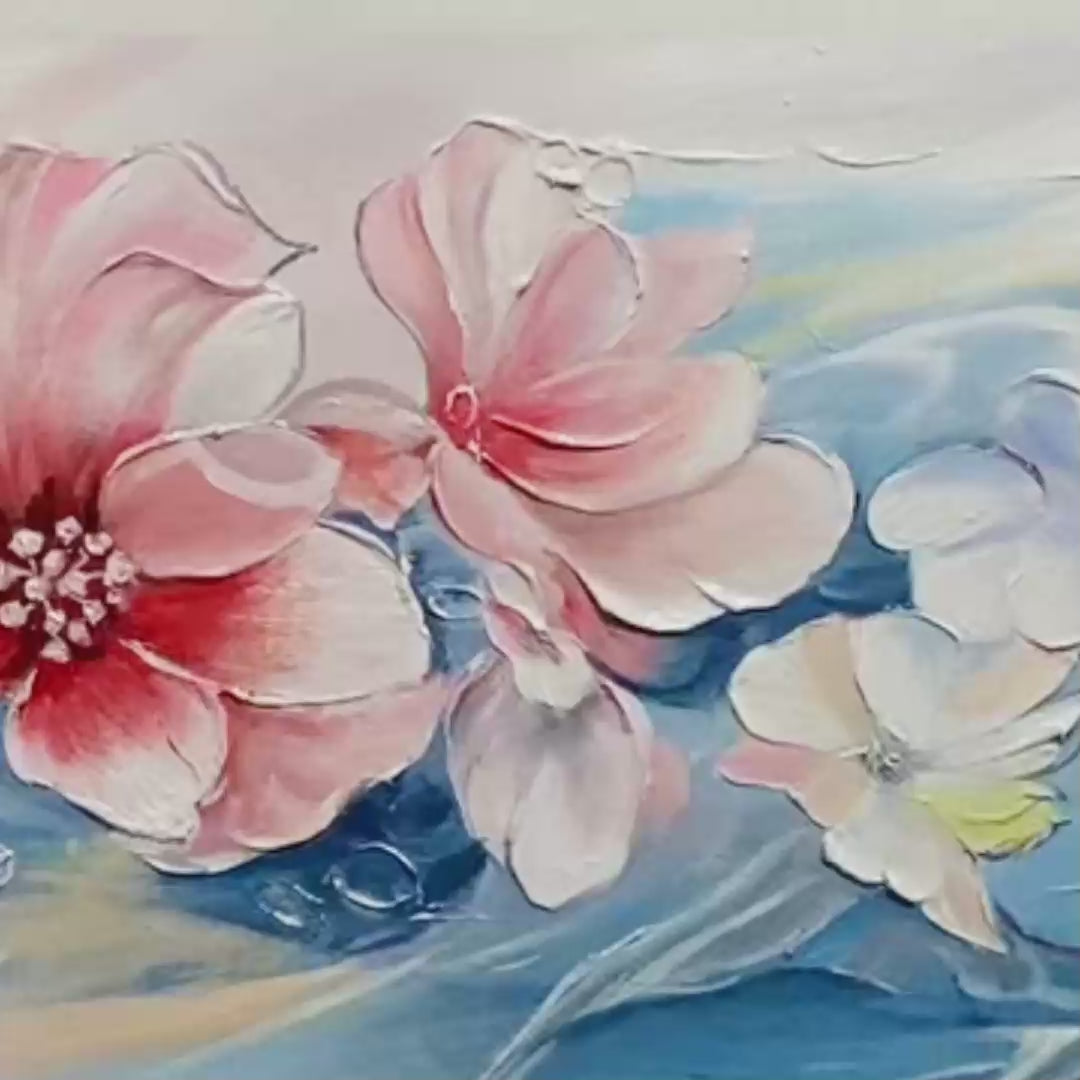 BLUSHING BLOOMS: Panoramic Floral Painting in Pink and Blue, Modern Impressionist Wall Art - Image 3