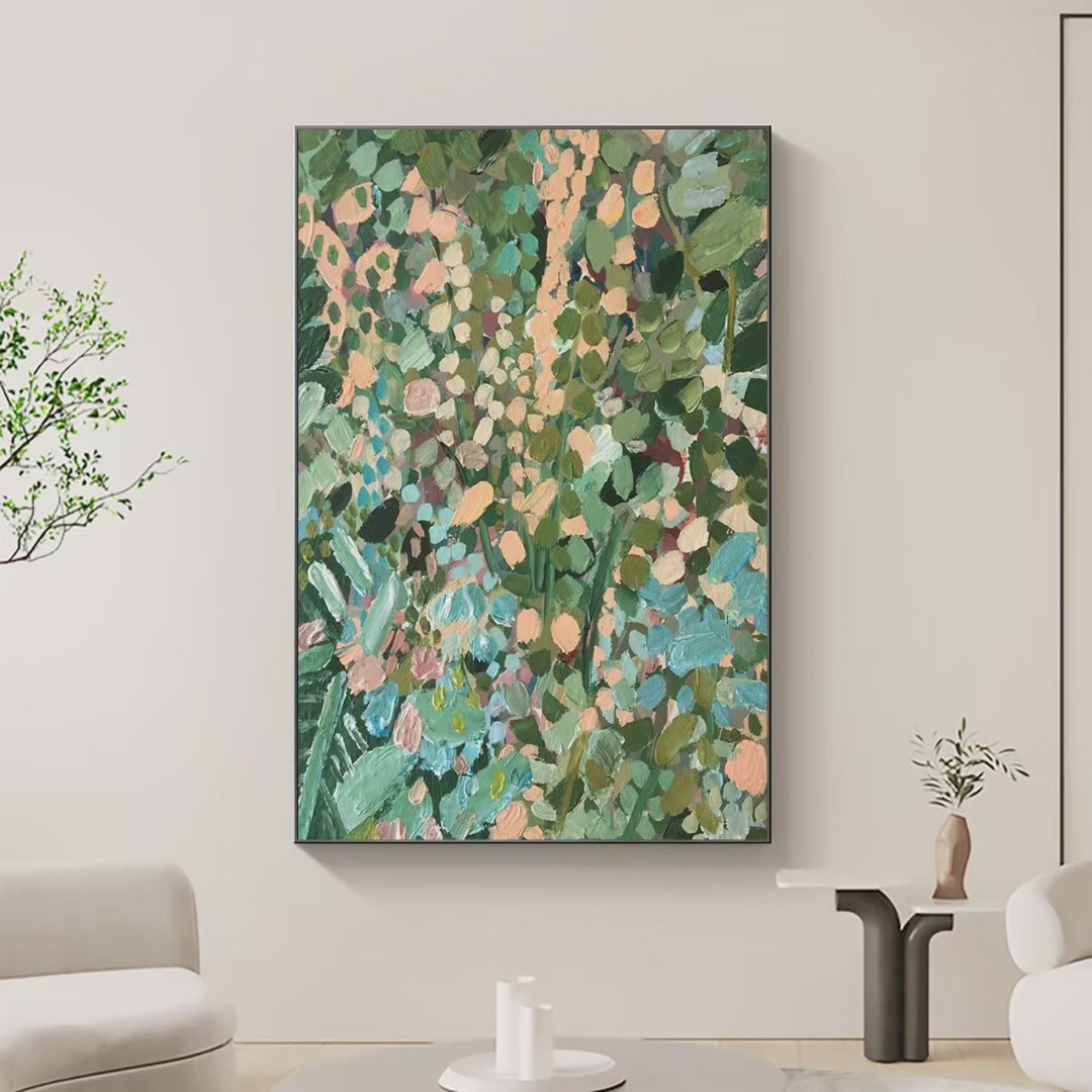 ENCHANTED GARDEN: Vertical Abstract Floral Painting in Green, Blue, and Peach - Image 4