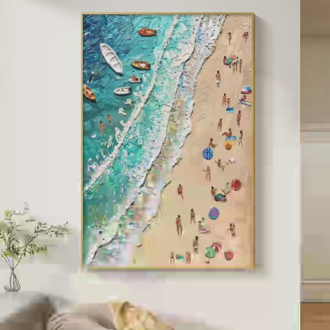SUN-KISSED SHORES: Textured Beach Scene Painting with Figures - Image 4