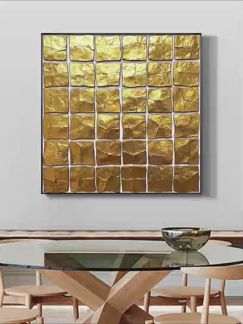 GOLDEN GRID: Textured Minimalist Abstract Oil Painting in Gold - Image 4