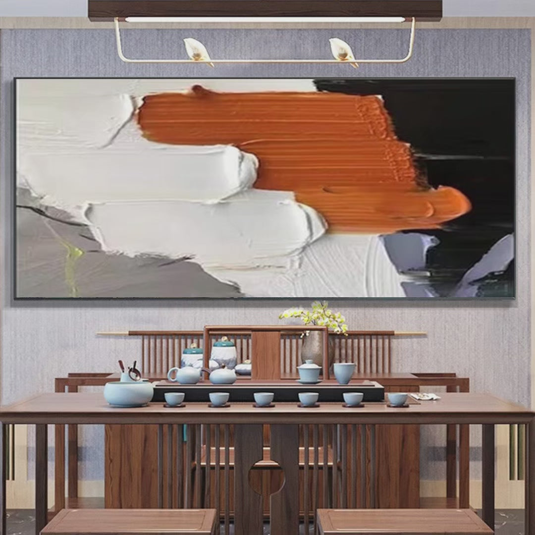 ORANGE BURST: Textured Abstract Painting in Orange, White, and Black for Living Room - Image 4