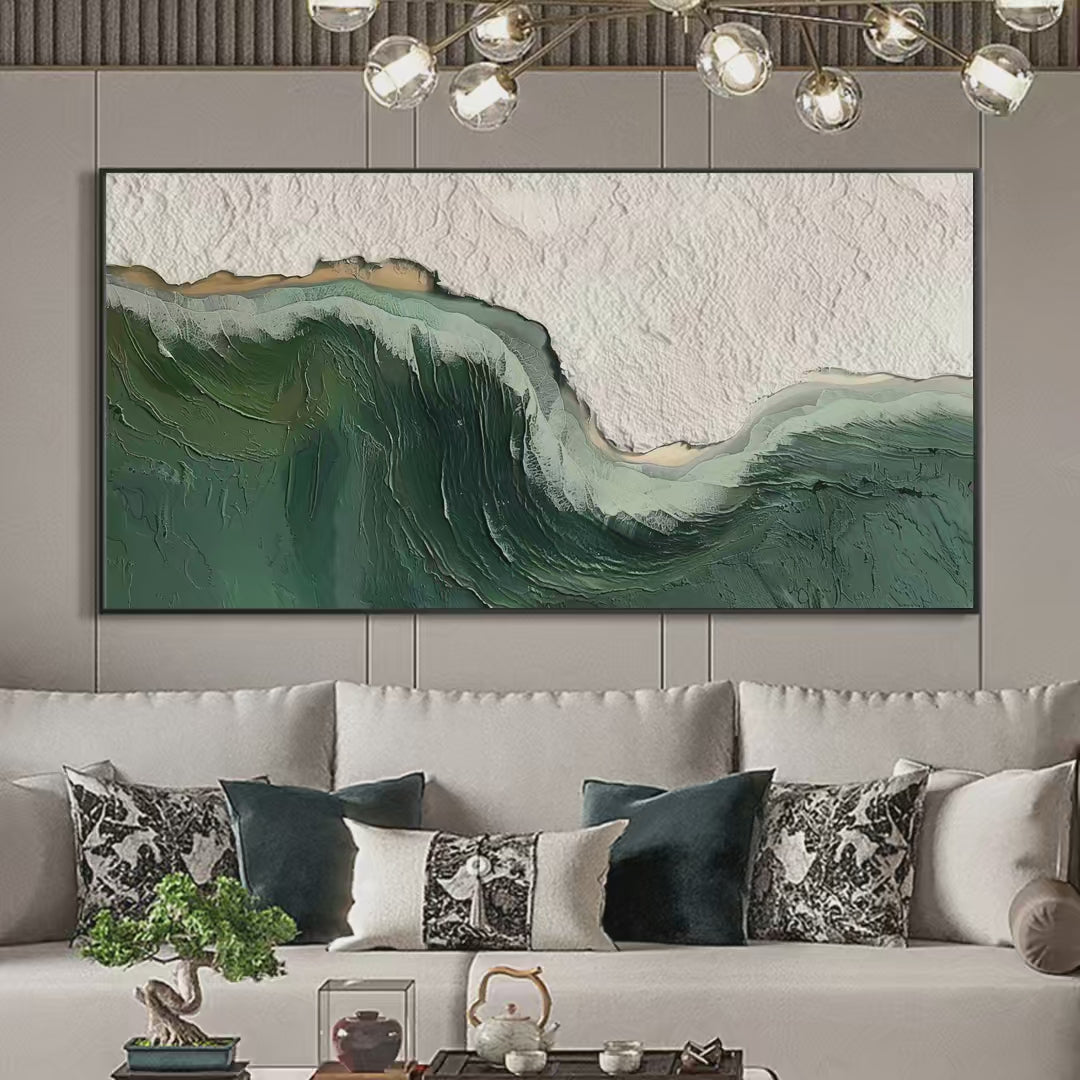 EMERALD DEPTHS: Textured Abstract Seascape Painting, Green and White Wall Art, Panoramic Canvas, Coastal Decor - Image 3