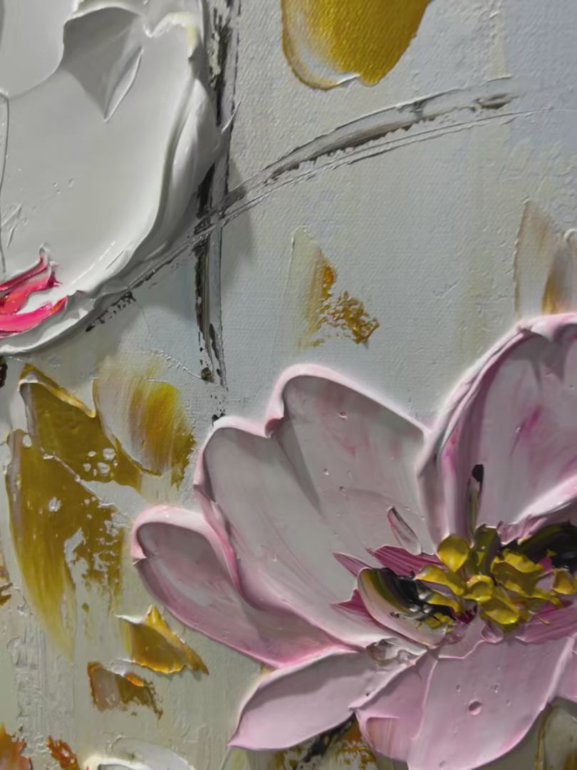 FIELD OF DREAMS: Horizontal Impasto Painting of Pink and White Flowers, Golden Field, Textured Wall Art - Image 4