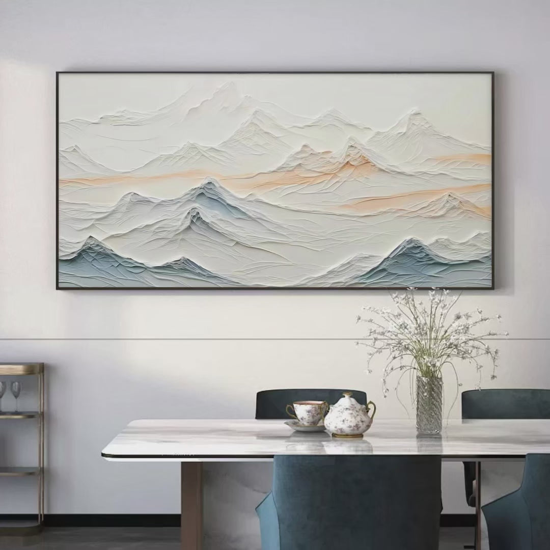 TRANQUIL PEAKS: Textured Abstract Mountain Landscape Painting in Beige and Blue - Image 3