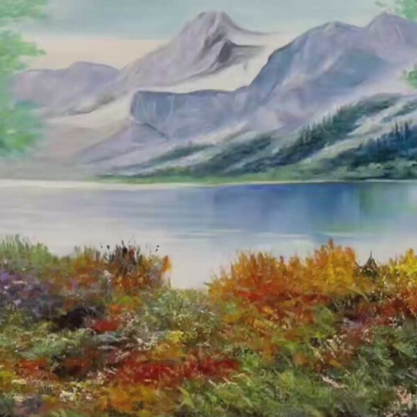 AUTUMN LAKE: Panoramic Autumn Landscape Painting with Lake and Mountains