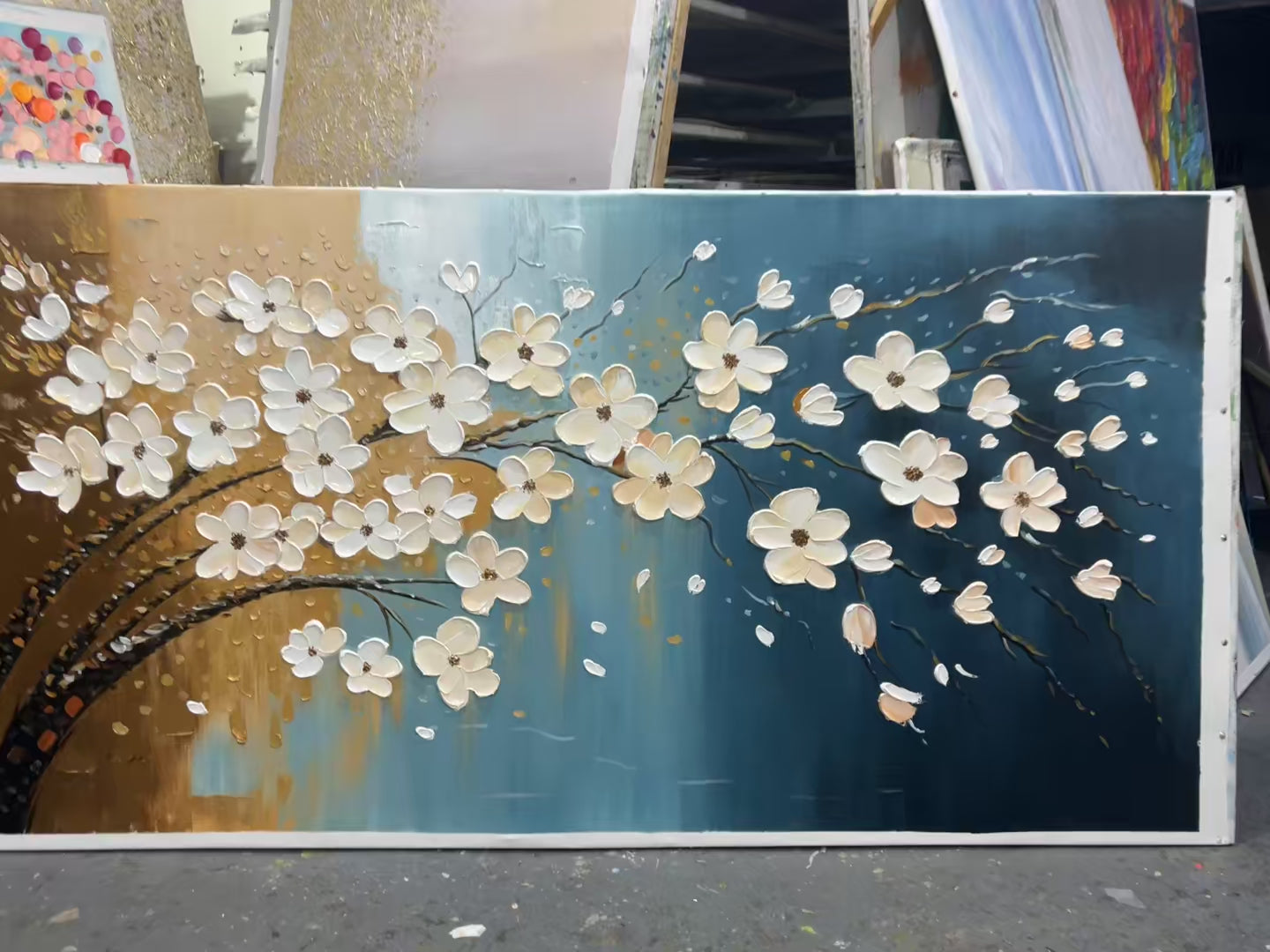 Hand-Painted Floral Tree Oil Painting - Blue & Gold - Image 4