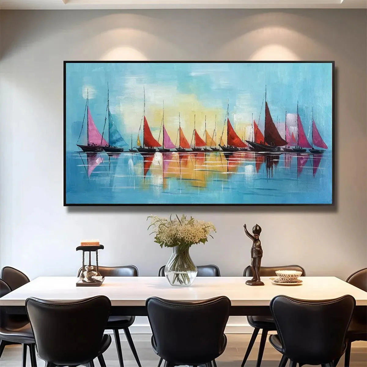 REGATTA: Colorful Sailboats Painting, Blue and Orange Wall Art, Horizontal Canvas, Coastal Decor - Image 2