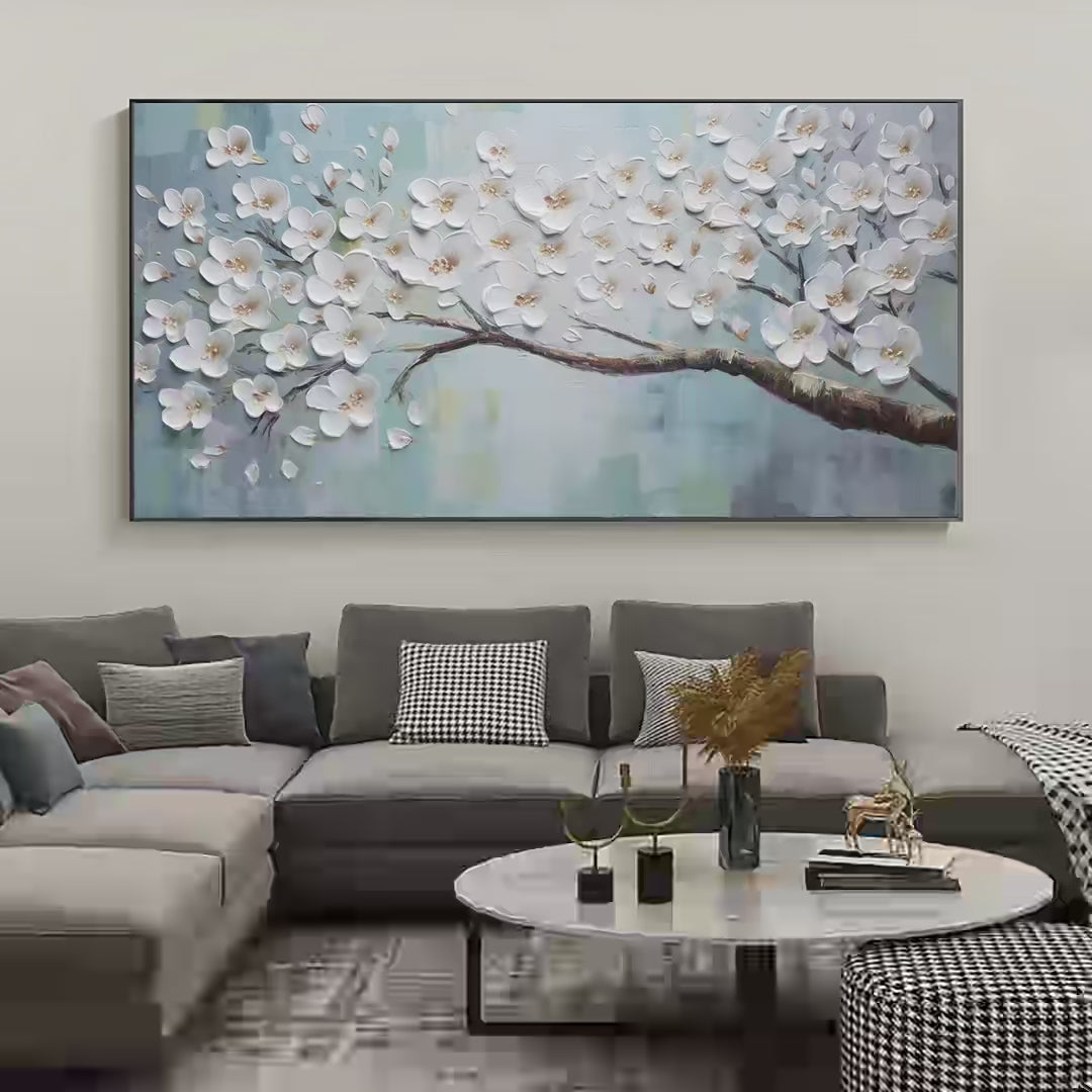 WHITE BLOSSOMS: Textured Floral Painting in White and Blue - Image 4