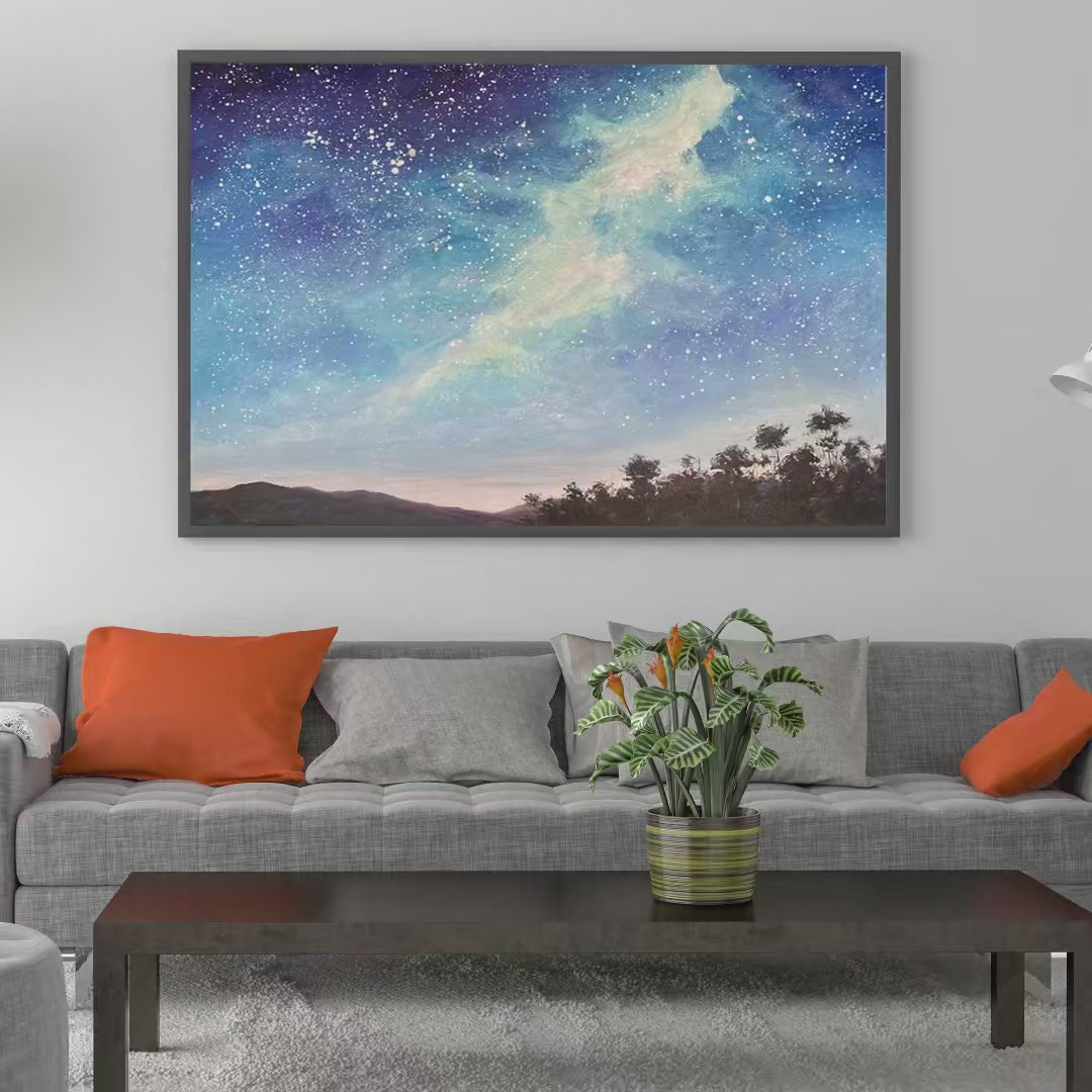 CELESTIAL DREAMSCAPE: Nightscape Painting, Starry Sky Wall Art, Panoramic Landscape, Horizontal Canvas - Image 2