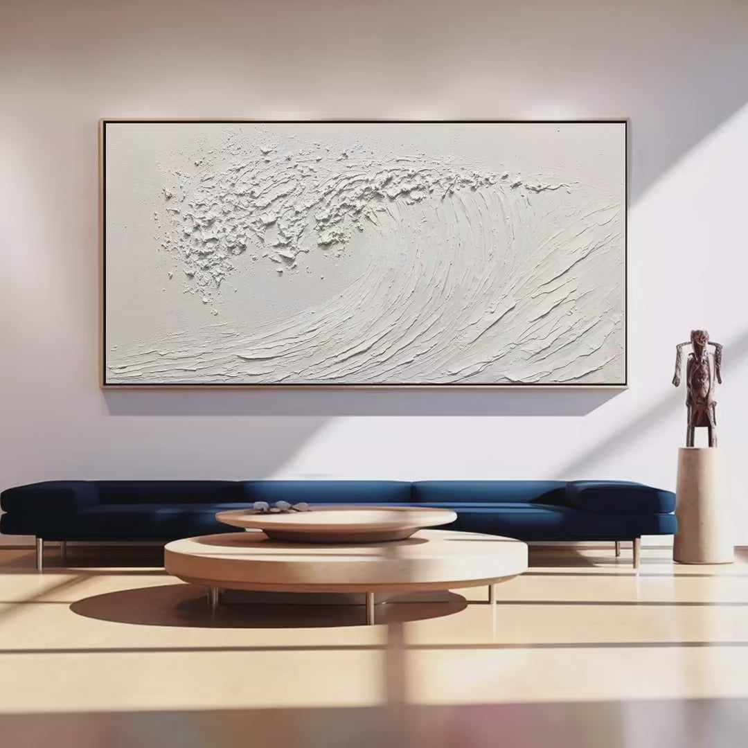 WHITE WAVE: Textured Minimalist Ocean Wave Painting in White - Image 4