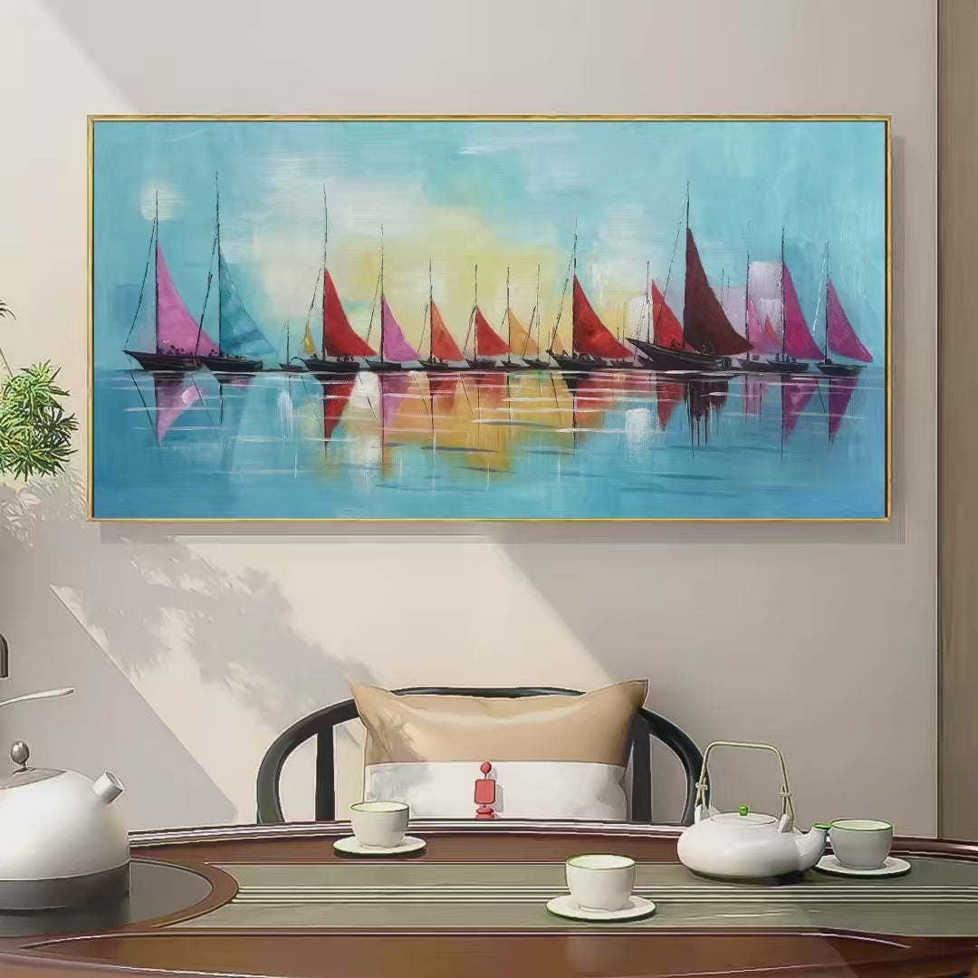 REGATTA: Colorful Sailboats Painting, Blue and Orange Wall Art, Horizontal Canvas, Coastal Decor - Image 4