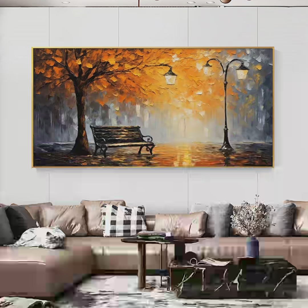 AUTUMN PARK BENCH: Impressionistic Park Painting in Orange and Grey - Image 4