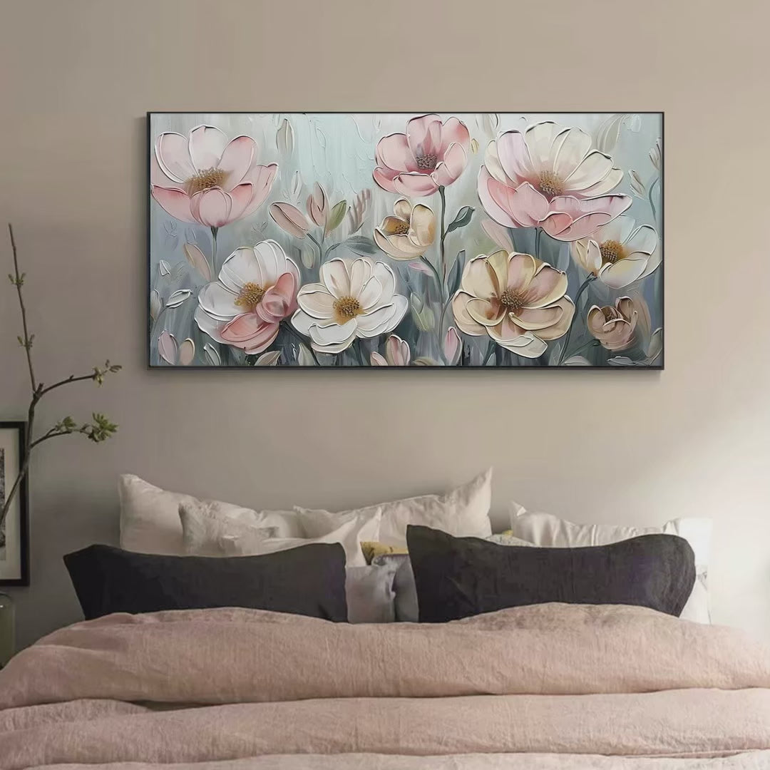 SOFT BLOSSOMS: Textured Impasto Floral Painting in Soft Pink and White - Image 3