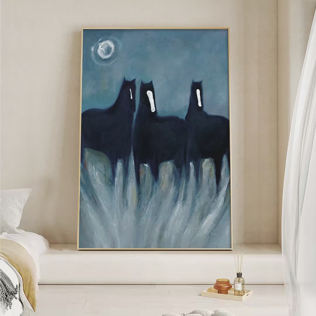 THREE HORSES AT NIGHT: Minimalist Horse Painting, Vertical Wall Art - Image 4