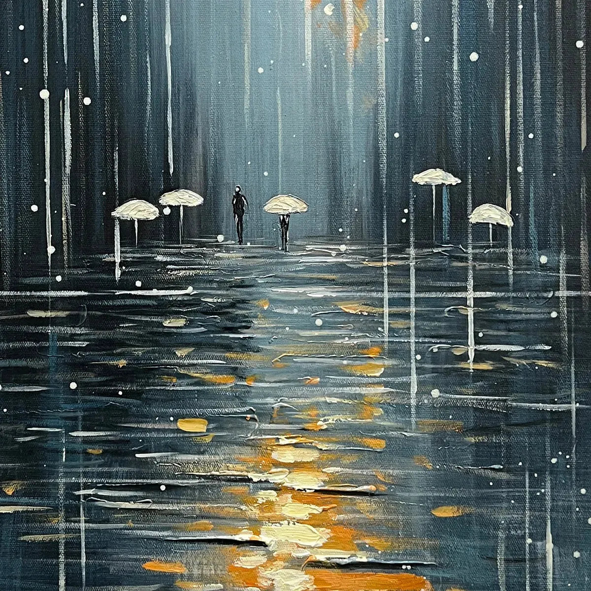 RAINY DAY REFLECTIONS: Vertical Painting of a Rainy City Street, Minimalist Figures, Modern Wall Art, Blue and Gold - Image 3