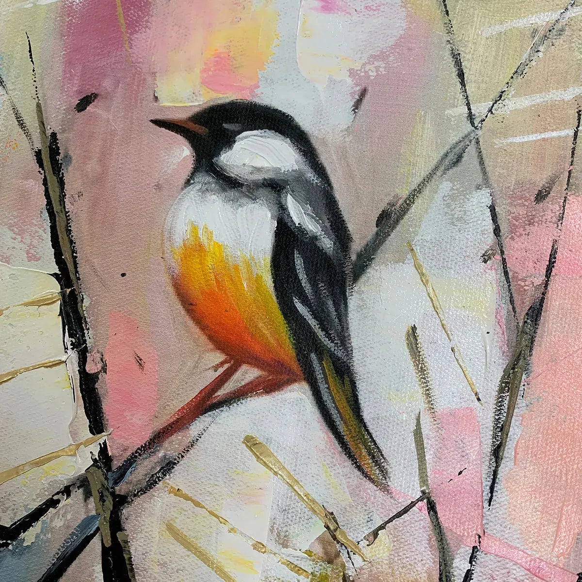 WHIMSICAL BIRDS: Panoramic Painting of Birds on Branches, Pastel Colors, Modern Wall Art, Pink, Blue - Image 8