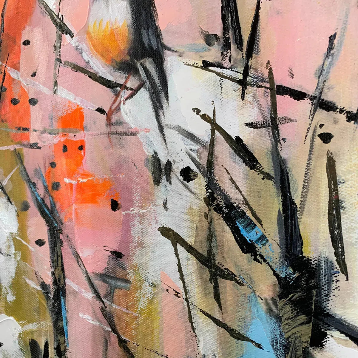 WHIMSICAL BIRDS: Panoramic Painting of Birds on Branches, Pastel Colors, Modern Wall Art, Pink, Blue - Image 4