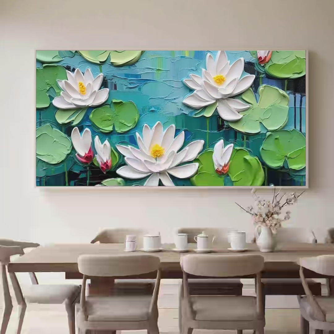 SERENE LOTUS POND: Textured Impasto Water Lilies Painting, Horizontal Wall Art - Image 4