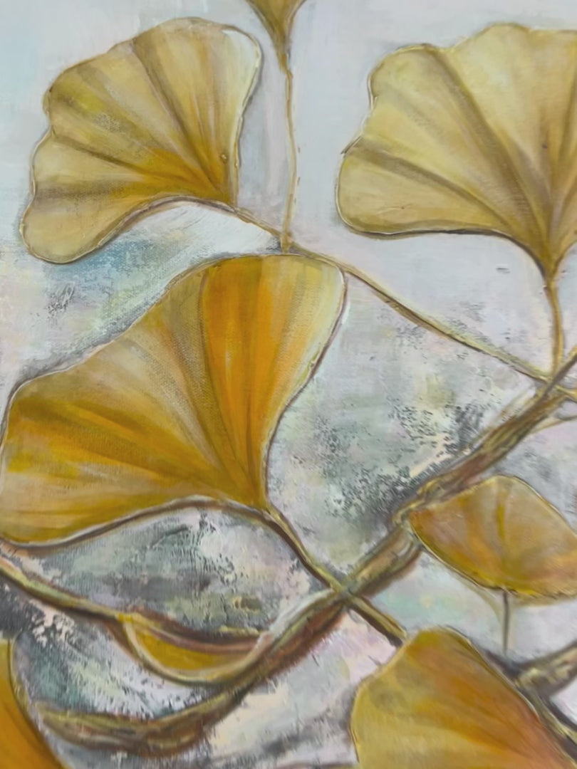 GOLDEN GINKGO: Textured Gold Leaf Oil Painting on Canvas - Image 4