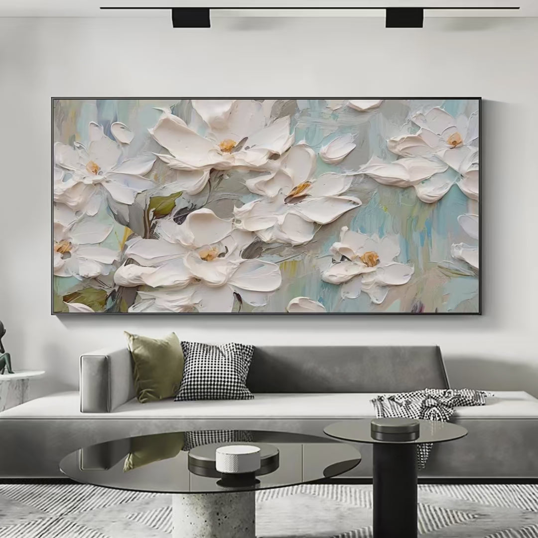 WHITE MAGNOLIA BLOSSOMS: Textured Floral Painting, White Flower Wall Art, Panoramic Canvas, Impressionist Decor - Image 3