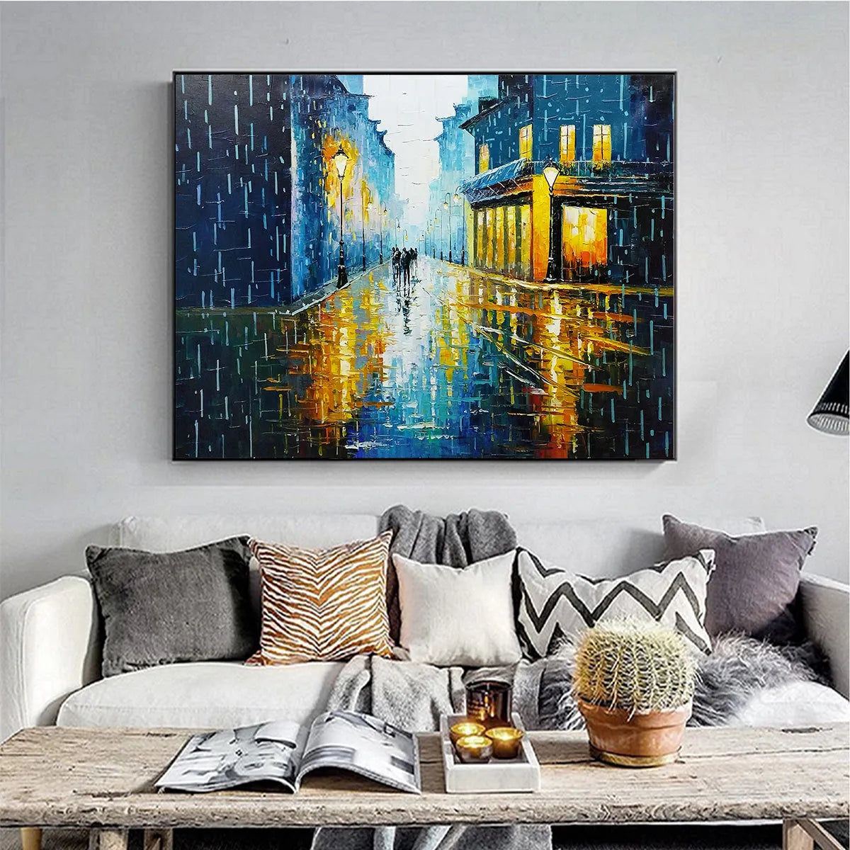 RAINY NIGHT IN PARIS: Textured Cityscape Painting, Rainy Street Scene, Blue, Living Room, Dining Room, Office - Image 2