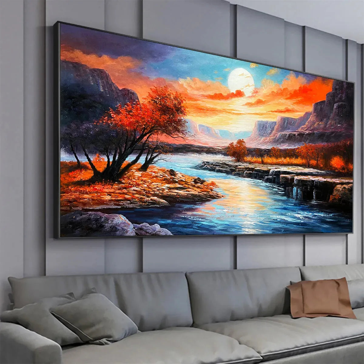 AUTUMN RIVER: Landscape Painting of a River at Sunset, Mountains, and Autumn Trees, Modern Wall Art - Image 7