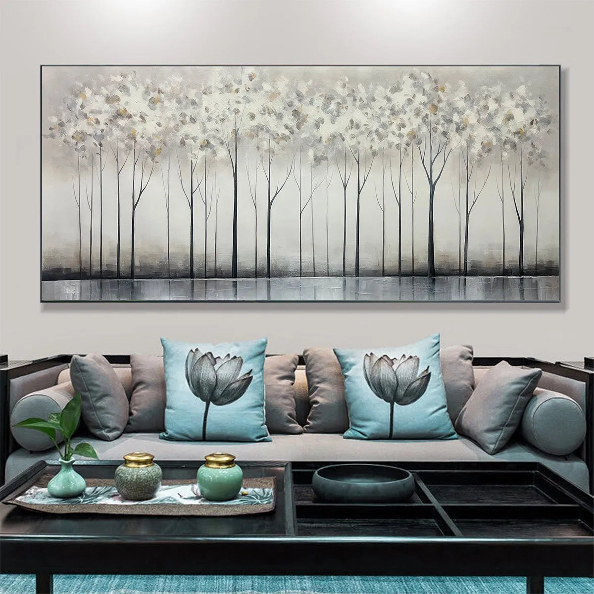 SILVER BIRCH MIST: Forest Landscape Painting in Grey and White - Image 2