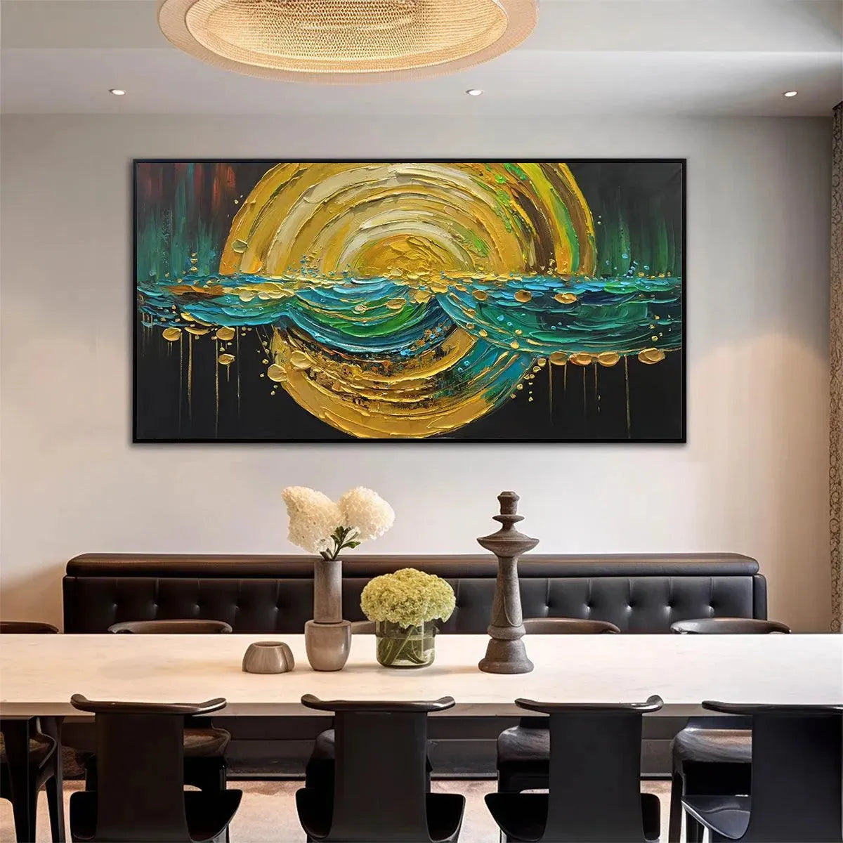 Abstract Sunburst Oil Painting - Gold and Green Art - Image 8