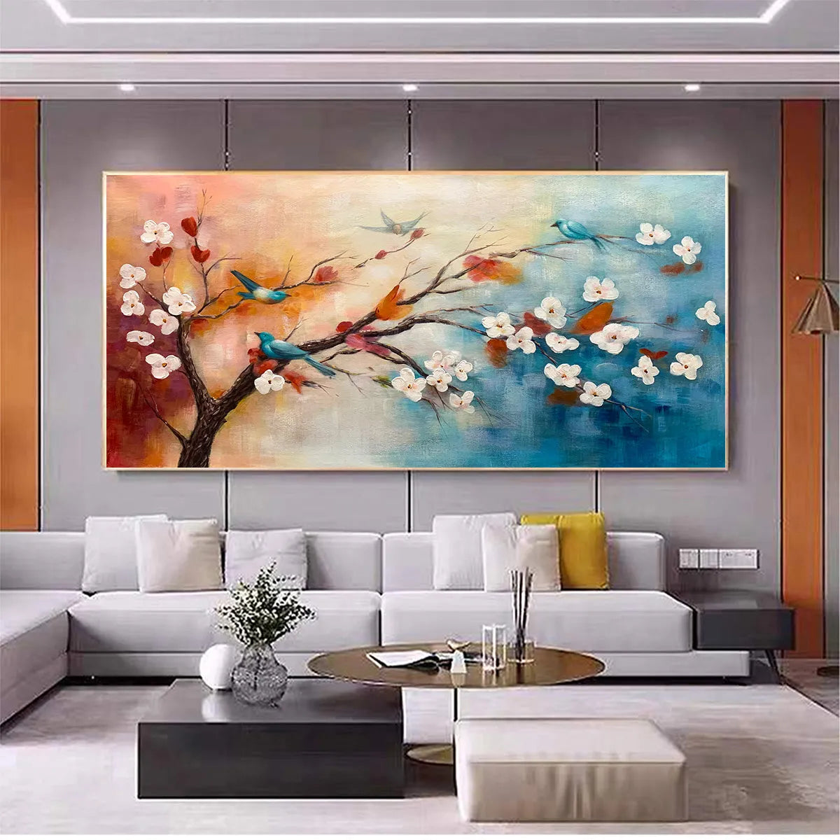 SPRING MELODY: Panoramic Blossom Tree Painting with Colorful Birds - Image 6