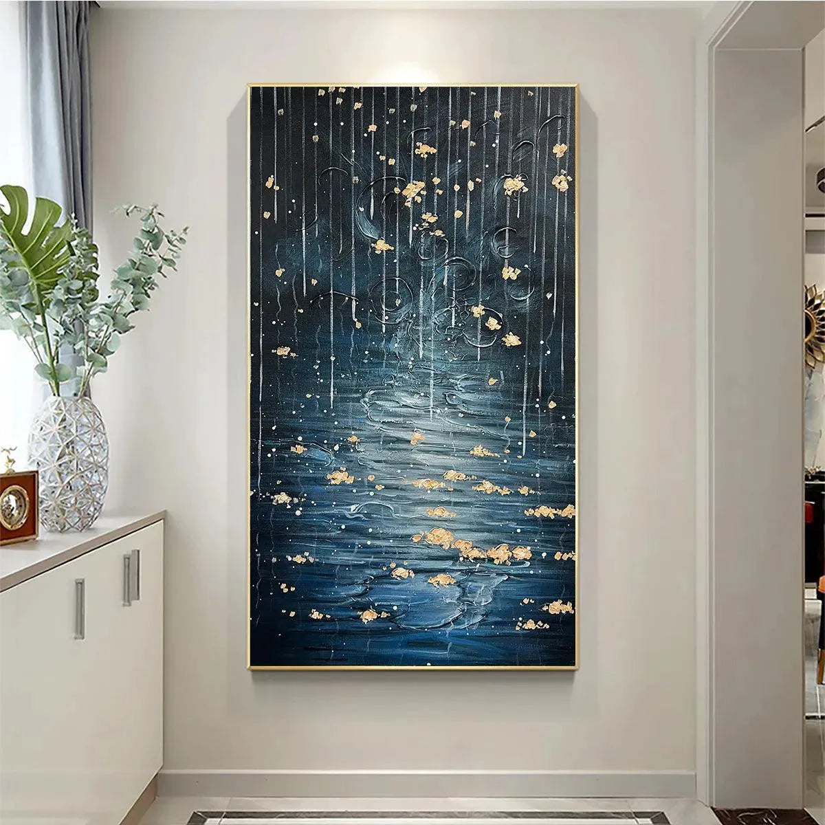 GOLDEN FALLS: Abstract Waterfall Painting, Blue and Gold, Vertical Canvas, Modern Wall Art - Image 4