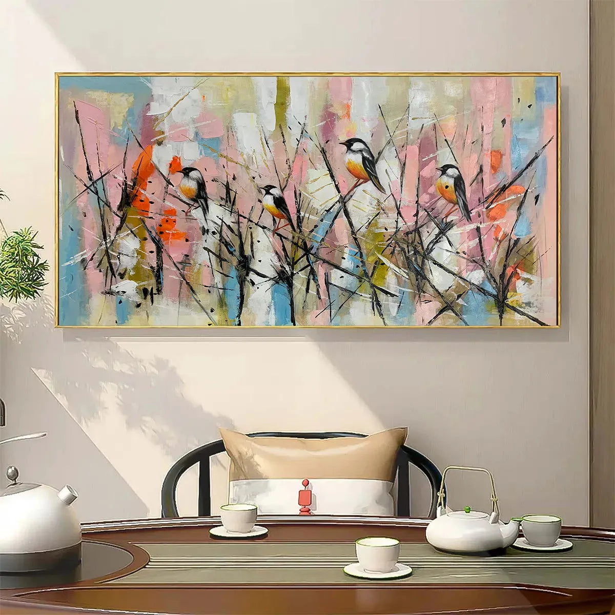 WHIMSICAL BIRDS: Panoramic Painting of Birds on Branches, Pastel Colors, Modern Wall Art, Pink, Blue - Image 9