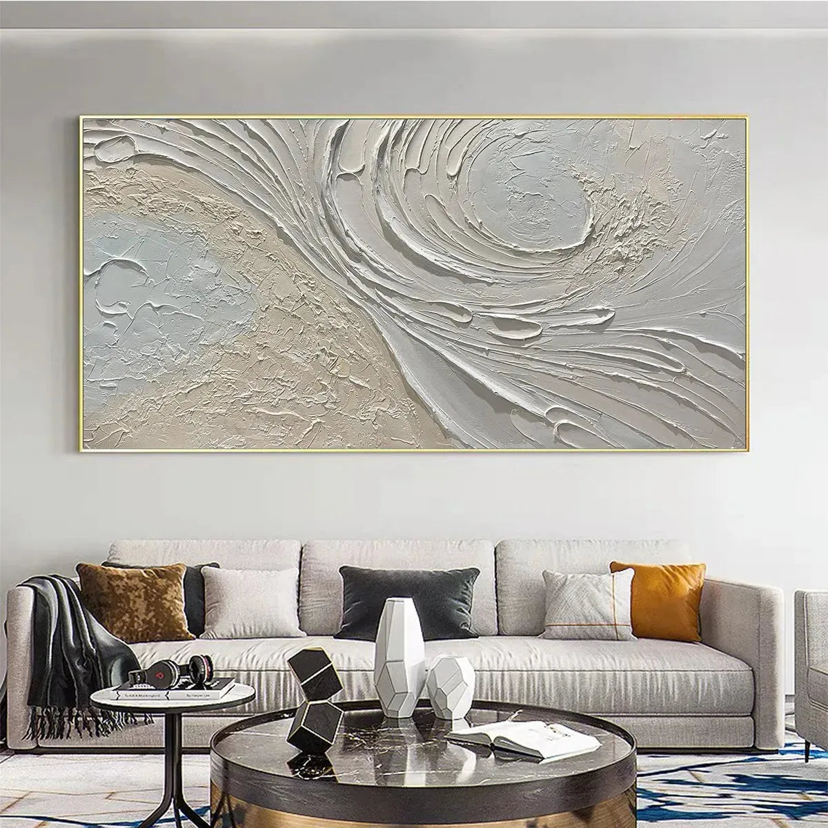 WHISPERS OF THE WIND: Panoramic Textured Abstract Painting in Neutral Tones, Modern Wall Art, Beige and Grey - Image 5
