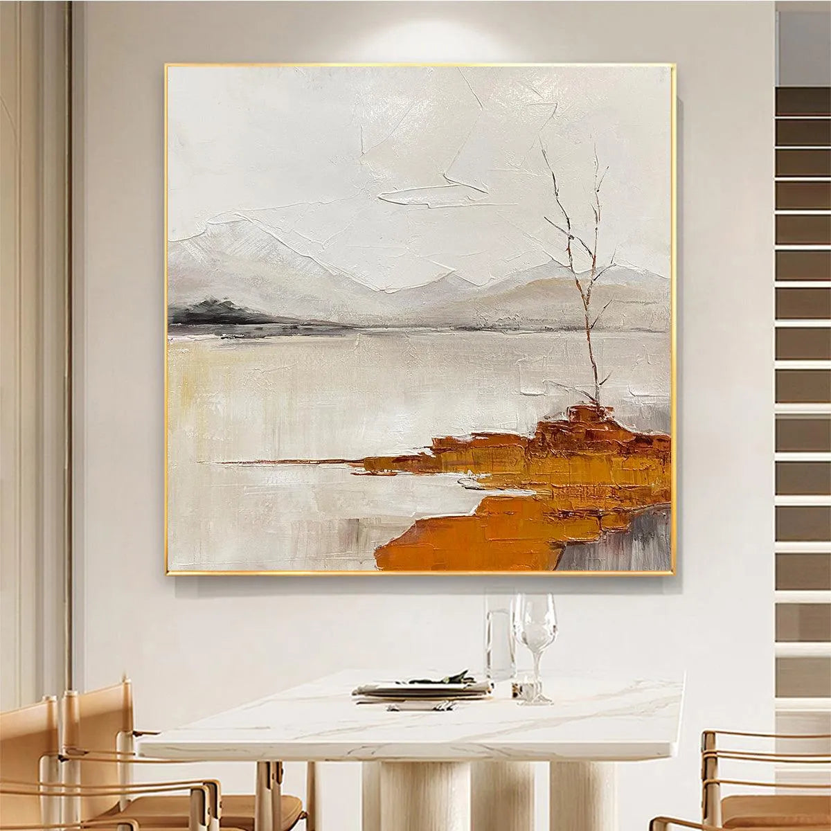 SERENE WATERS: Minimalist Landscape Painting in White, Grey, and Orange, Square Canvas Wall Art - Image 2
