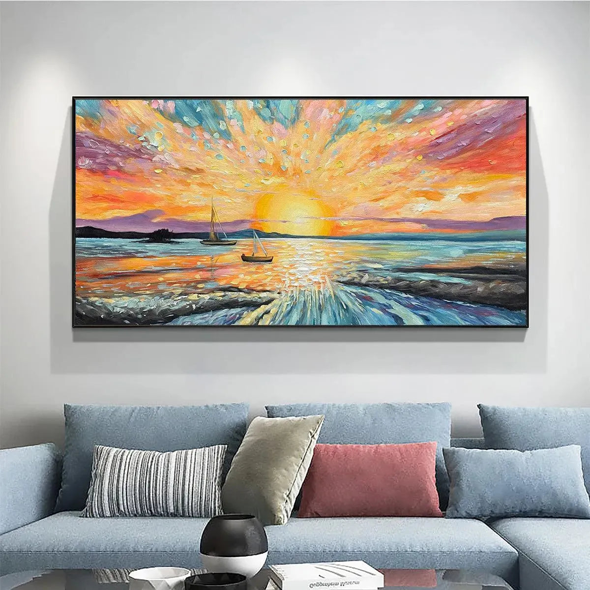 SAILING AT SUNSET: Vibrant Seascape Painting, Panoramic Canvas, Coastal Wall Art - Image 2