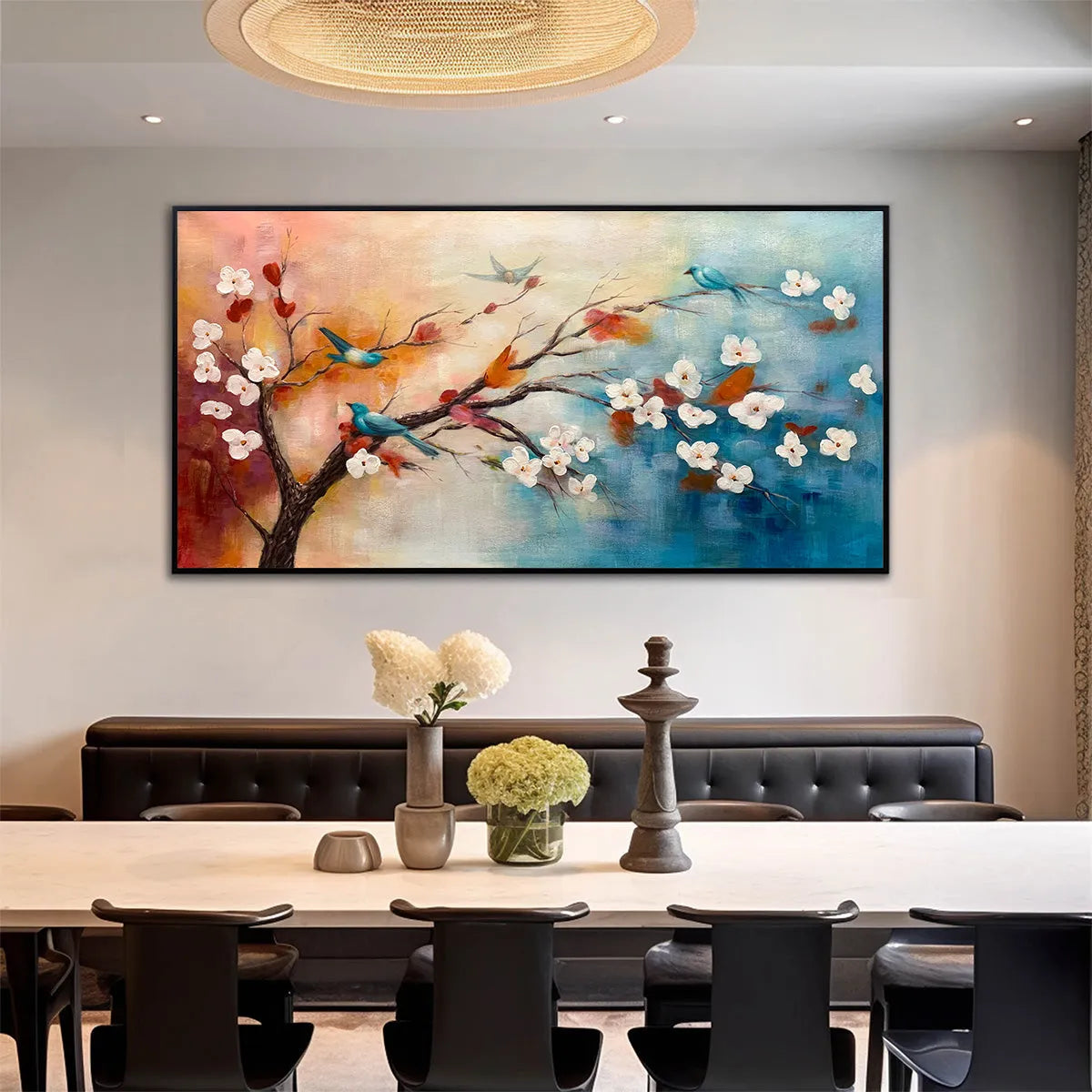 SPRING MELODY: Panoramic Blossom Tree Painting with Colorful Birds - Image 8