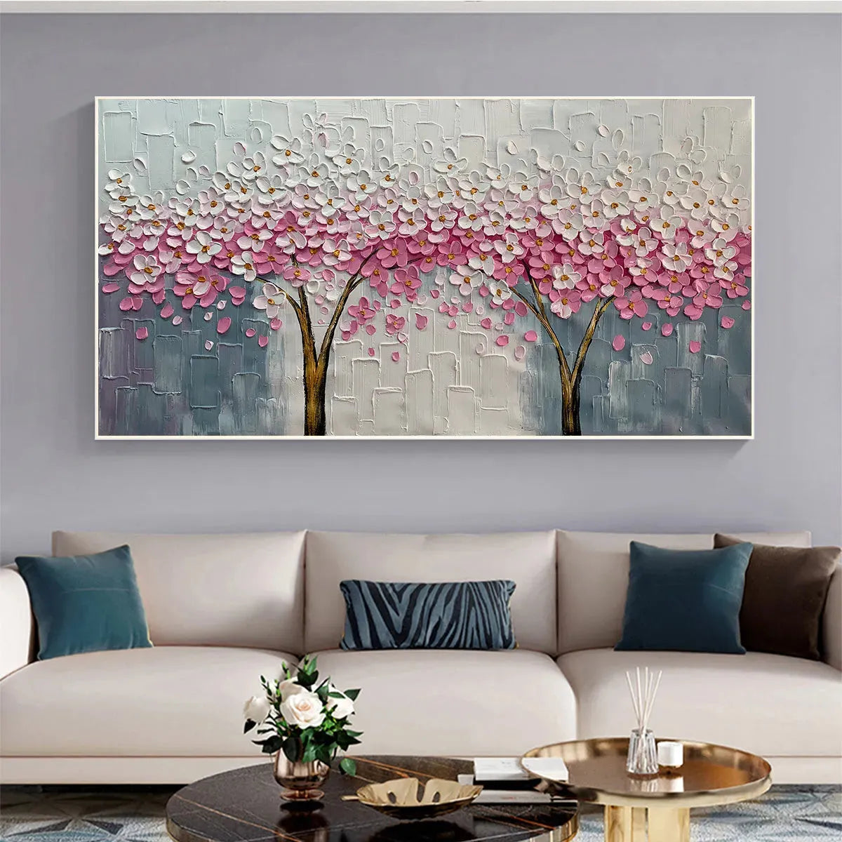 SPRING BLOSSOM: Panoramic Cherry Blossom Painting in Pink and White, Textured Impasto, Modern Wall Art - Image 2