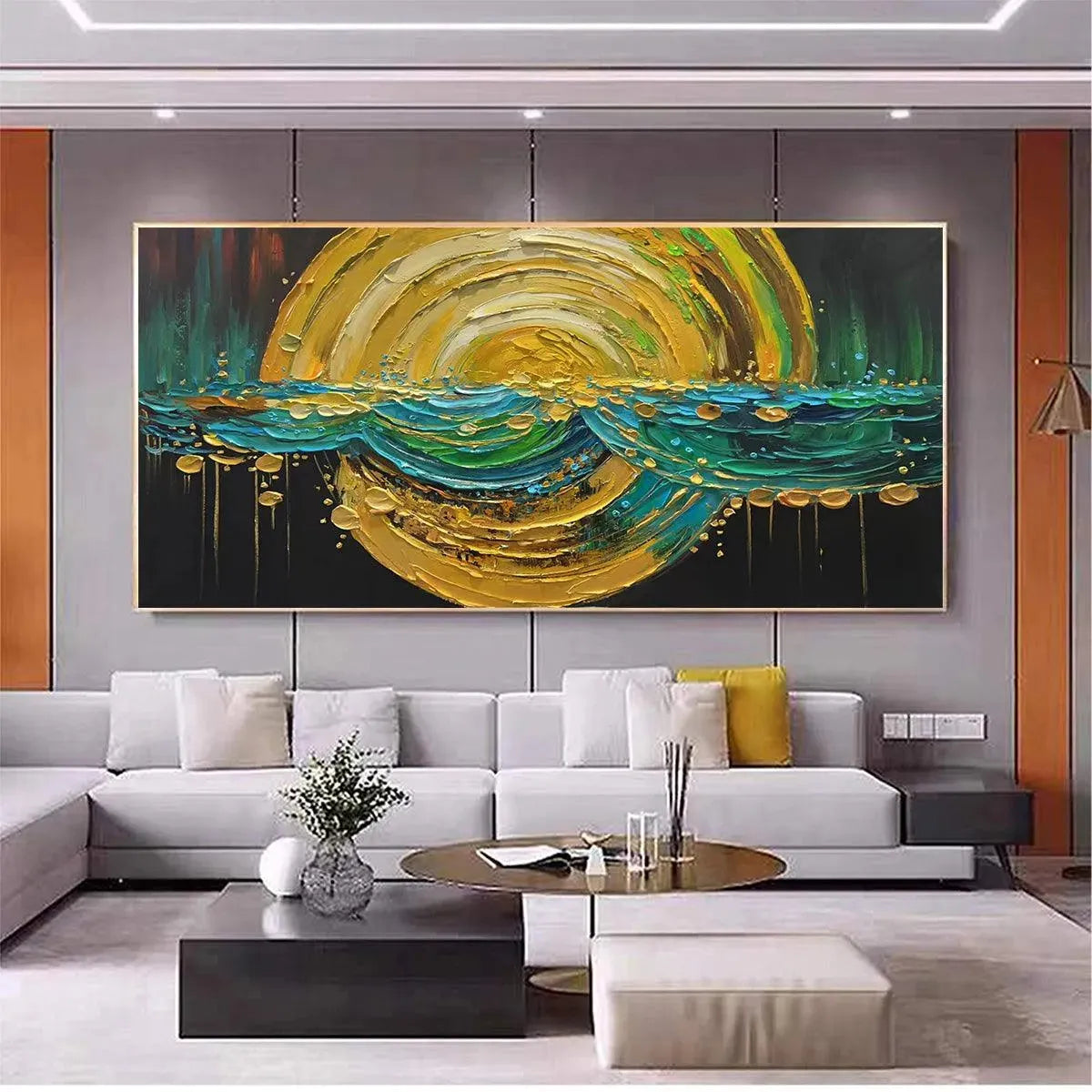 Abstract Sunburst Oil Painting - Gold and Green Art - Image 7