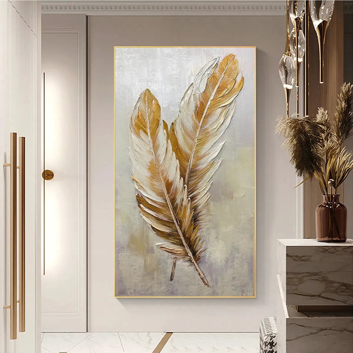 GOLDEN GRACE: Vertical Painting of Golden Feathers, Textured Impasto, Modern Wall Art - Image 5