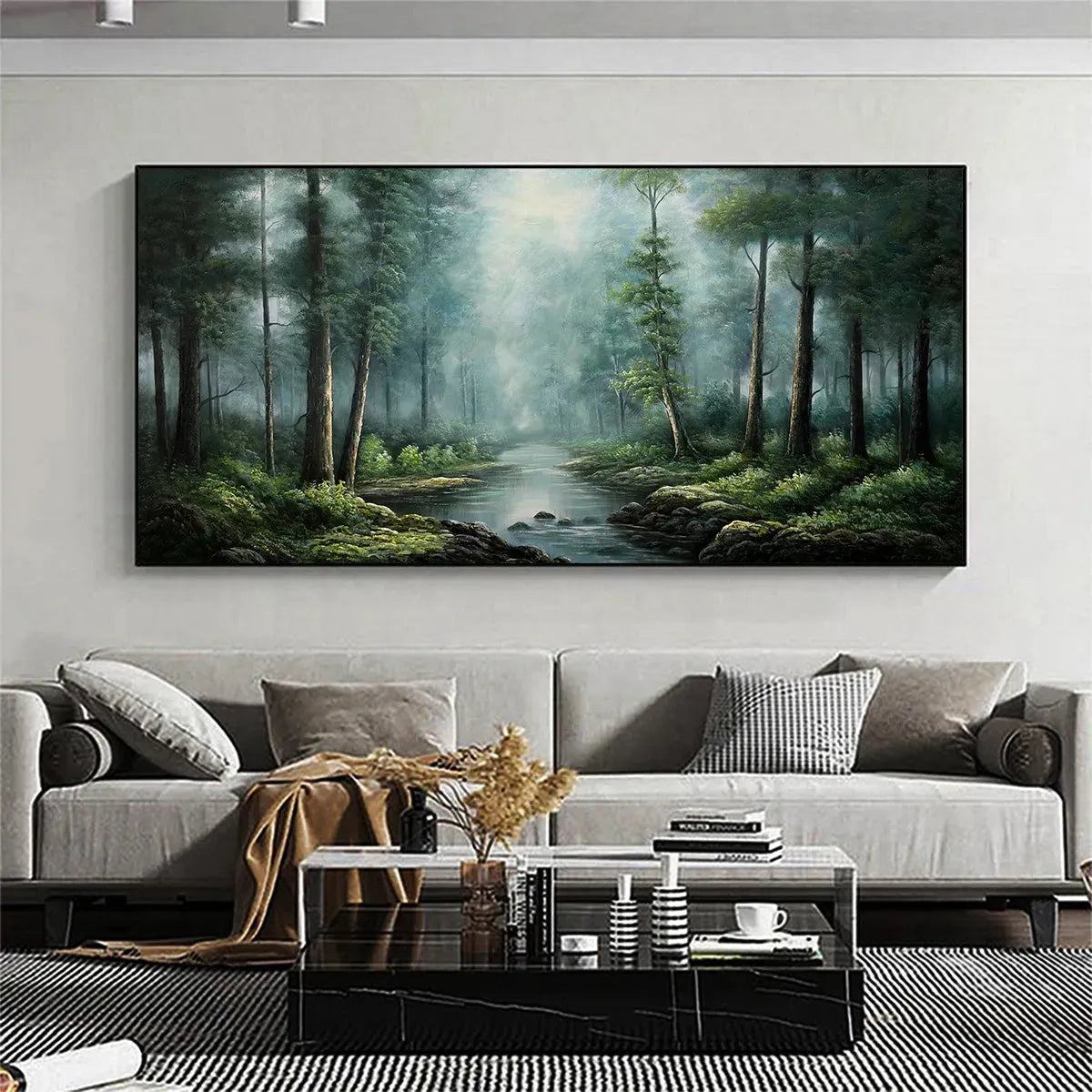 FOREST PATH: Panoramic Forest Painting with Stream, Misty Landscape, Canvas Wall Art - Image 2