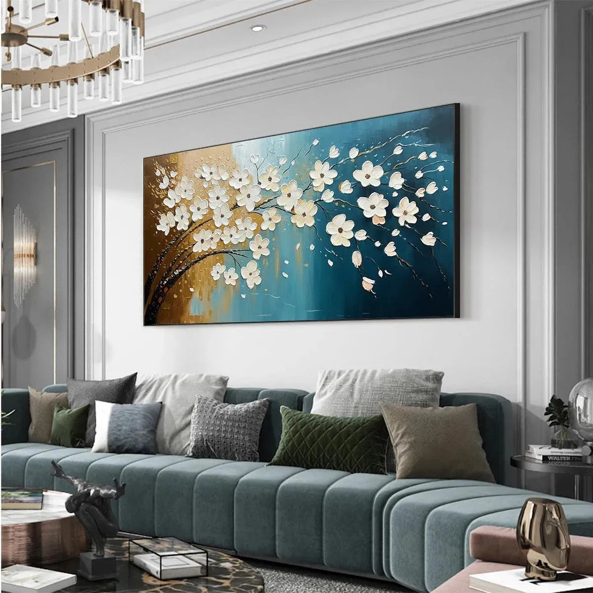Hand-Painted Floral Tree Oil Painting - Blue & Gold - Image 4