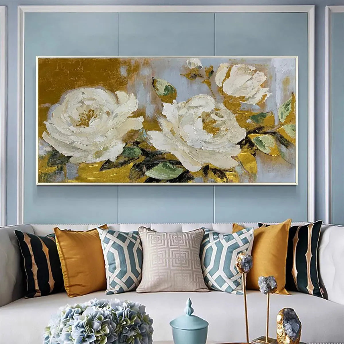 GOLDEN WHISPERS: White Floral Painting with Gold Accents, Panoramic Canvas, Elegant Wall Art for Living Room or Bedroom - Image 2